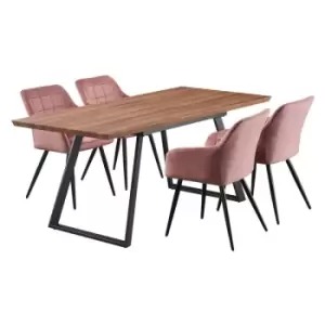 5 Pieces Life Interiors Camden Toga Dining Set - an Extendable Brown Rectangular Wooden Dining Table and Set of 4 Pink Dining Chairs - Pink