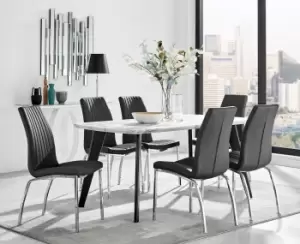Andria Marble Effect Dining Table With Black Legs & 6 Isco Faux Leather Chairs