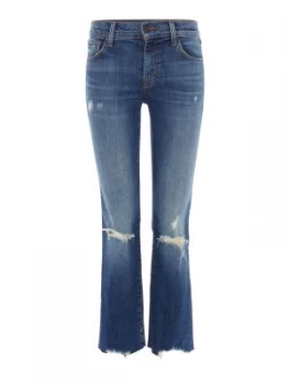 J Brand Selena Crop Boot Raw Hem Jeans in Revoke Destruct Denim Mid Wash