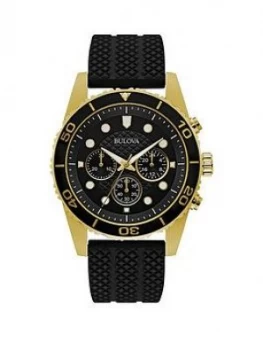 Bulova Black And Gold Chronograph Dial Black Silicone Strap Mens Watch
