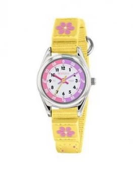 Tikkers Tikkers White And Pink Time Teller Dial Yellow Fabric Velcro Strap Kids Watch