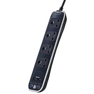 Masterplug 4 Socket Extension Lead With Surge Protection And USB - Black 1m 13A