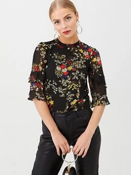 Oasis Oriental Frill Sleeve Top - Multi Black, Size 12, Women