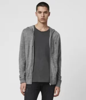 AllSaints Mens Merino Wool Lightweight Mode Zip Hoodie, Grey, Size: XXL