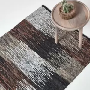 Black, Grey & Brown Real Leather Handwoven Cutshuttle Rug, 150 x 240cm - Brown - Homescapes