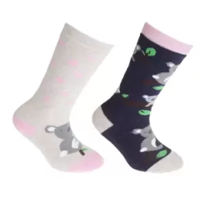 FLOSO Childrens/Kids Cotton Rich Welly Socks (2 Pairs) (9-12 Child UK) (Navy/Beige)