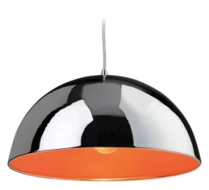 Bistro 1 Light Dome Ceiling Pendant Chrome, Orange Inside, E27