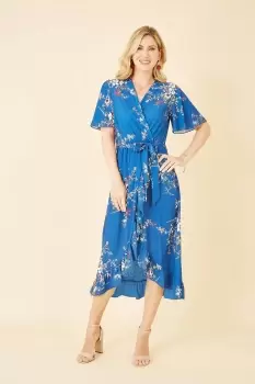 Blue Floral Dip Hem Wrap Midi Dress