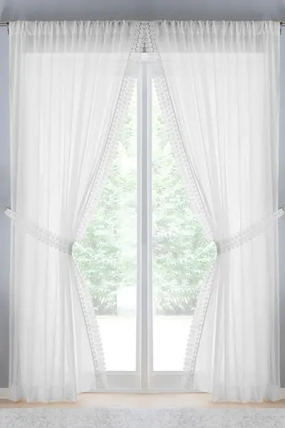 Tyrone Textiles Windsor Crushed Voile Panel with Marame Trim and Tie Back - Pair White