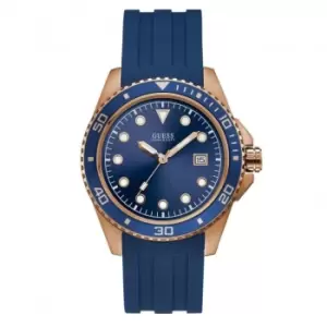 Guess Gents Rose Gold Watch Blue Trim, Dial Strap W1109G3