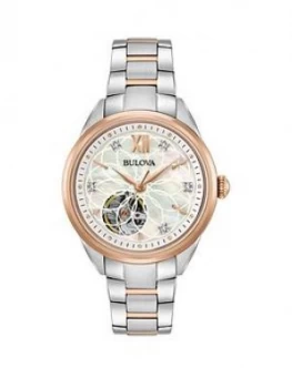 Bulova Classic Mother of Pearl and Diamond Rose Gold Skeleton Dial With Two Tone Stainless Steel Bracelet Ladies Watch, One Colour, Women