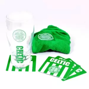 Celtic FC Official Wordmark Mini Football Bar Set (Pint Glass, Towel & Beer Mats) (One Size) (Green/White)