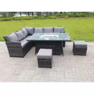 Fimous High Back Corner Rattan Garden Furniture Sofa Gas Fire Pit Gas Heater Dining Table Sets 8 Seater 2 Small Footstools