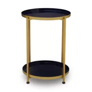 2 Tier Side Table with Blue Enamel Tops and Brass Finish Frame