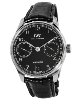 IWC Portugieser Automatic 7 Day Power Reserve Black Dial Leather Strap Mens Watch IW500703 IW500703
