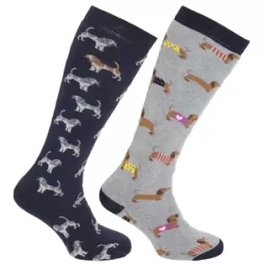 Womens/Ladies Animal Design Welly Socks (2 Pairs) (4-7 UK) (Grey/Navy)