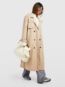 Boohoo Belted Trench Coat - Stone, Cream, Size 10, Women