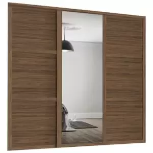 Spacepro Shaker 2 x 762mm Carini Walnut 3 Panel Door/ 1 x Silver Mirror Kit with Colour Matched Track