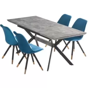 5 Pieces Life Interiors Sofia Blaze Dining Set - an Ash Extendable Rectangular Wooden Dining Table and Set of 4 Blue Dining Chairs - Blue
