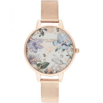 Bejewelled Florals Demi Silver Glitter Dial & Rg Mesh Watch