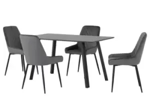 Seconique Berlin Black Dining Table and 4 Avery Grey Velvet Chairs