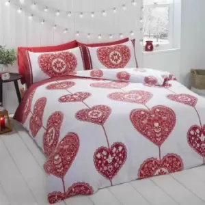 Hearts Scandi Duvet Cover Set, 100% Brushed Cotton, Red, Double