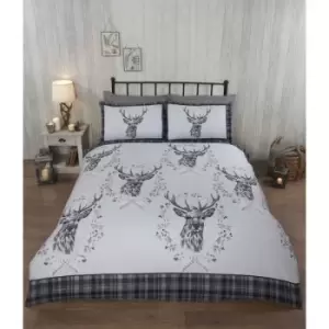 Angus Stag Grey Single Duvet Cover Set 100% Brushed Cotton Reversible Checked Duvet Set - Grey