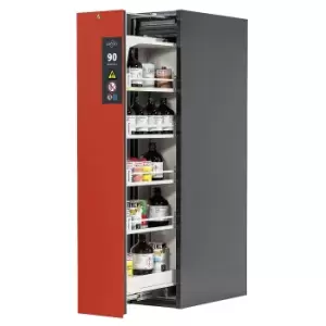 asecos Type 90 fire resistant vertical pull-out cabinet, 1 drawer, 4 tray shelves, grey/red