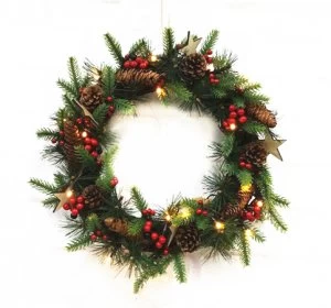 Robert Dyas Pre-Lit Rattan Berry and Cone Wreath - Battery Operated
