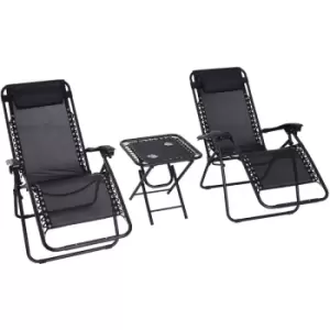 3PC Zero Gravity Chairs Sun Lounger Table Set w/ Cup Holders, Black - Outsunny