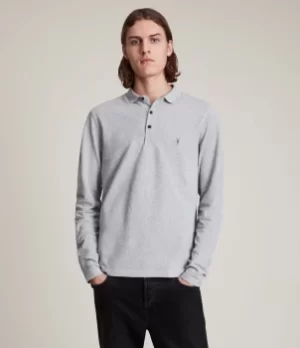 AllSaints Mens Cotton Slim Fit Reform Long Sleeve Polo Shirt, Grey, Size: XS