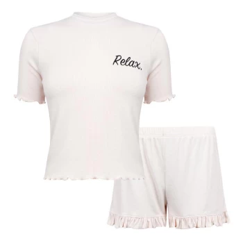 Fabric Waffle Cotton Frilly Shorts Pyjama Set with Relax Slogan - Oat/Cream