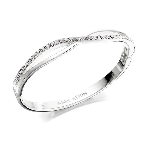 Anne Klein Silver Tone Crystal Crossover Hinged Bangle - J7893