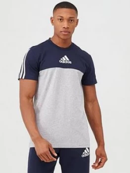 Adidas 3 Stripe Panel T-Shirt - Grey/Navy, Size L, Men