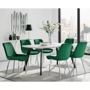 Andria Black Leg Marble Effect Dining Table and 6 Green Pesaro Silver Leg Chairs - Green