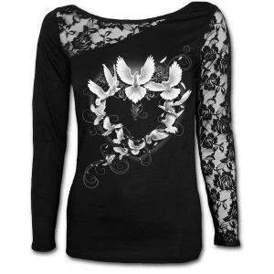 Doves Heart Womens Small Lace One Shoulder Long Sleeve Top - Black