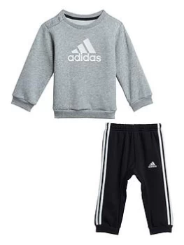adidas Infants Unisex Badge Of Sport Crew & Jog Pant Set - Grey/Black, Grey/Black, Size 2-3 Years