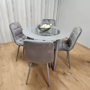 Kosy Koala - Round Glass Grey Kitchen Dining Table With Storage Shelf And 4 Grey Tufted Velvet Chairs Kitchen
