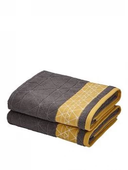 Catherine Lansfield Linear Diamond Towel Range - Charcoal/Yellow - 2 Hand Towels