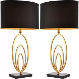 2 pack Modern Table Lamp Light Gold Ring & Black Marble Square Base Round Shade