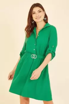 Green Belted Shirt Dress With Gold Buckle