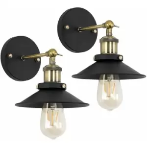 2 x Industrial Black & Antique Brass Wall Lights s - No Bulbs