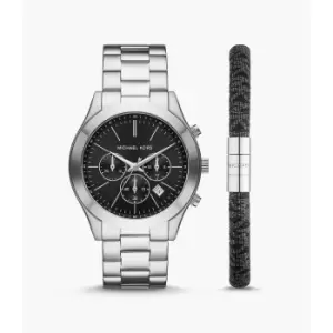 Michael Kors Mens Slim Runway Chronograph Stainless Steel Watch And Pvc Bracelet Set - Silver