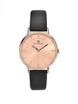 Accurist Rose Gold Sunray And Crystal Set Dial Black Leather Strap Ladies Watch