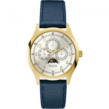 GUESS Gents gold watch with moon dial & blue leather strap