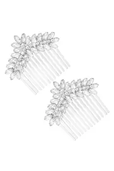 Silver Crystal Navette Floral Hair Combs - Pack of 2