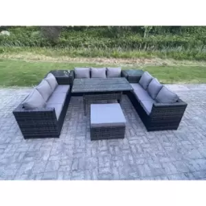 Fimous - Outdoor pe Wicker Garden Furniture Rattan Lounge Sofa Set Patio Rectangular Dining Table with Big Footstool 2 Side Table 10 Seater Dark Grey