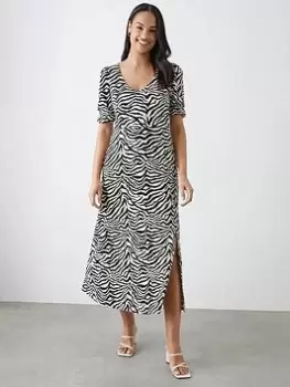 Dorothy Perkins Zebra V Neck Midi Dress - Black, Multi, Size 16, Women