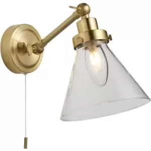 Endon Faraday Bathroom Adjustable Dome Wall Light with Pull Cord Satin Brass Glass Shade