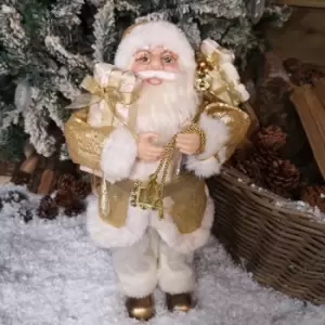 45cm Standing Santa Christmas Decoration in White and Gold Suit with Gifts